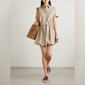 Loewe Leather-trimmed gathered cotton and silk-blend poplin mini shirt dress